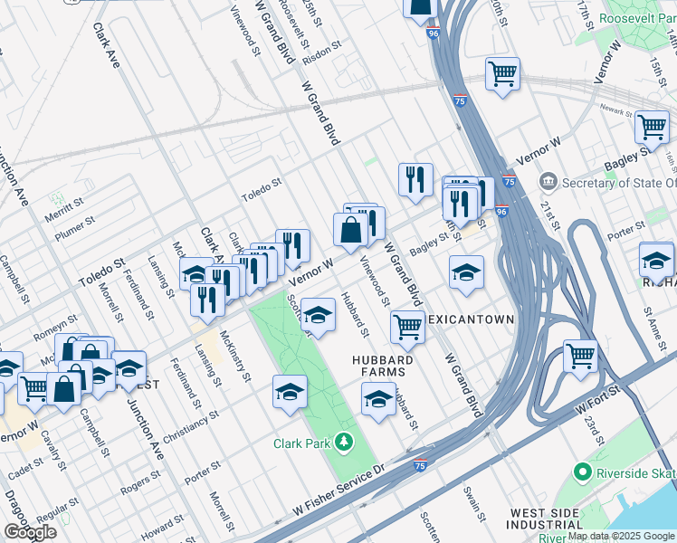 map of restaurants, bars, coffee shops, grocery stores, and more near in Detroit