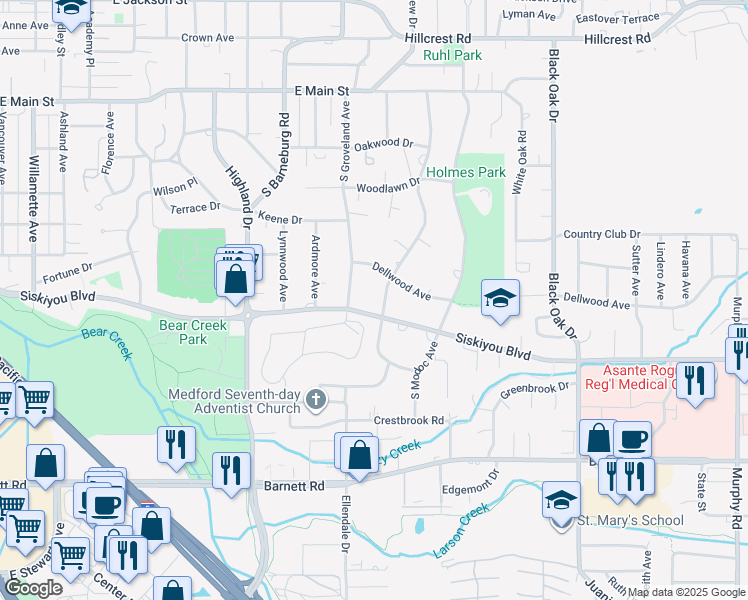 map of restaurants, bars, coffee shops, grocery stores, and more near 2201 Siskiyou Boulevard in Medford