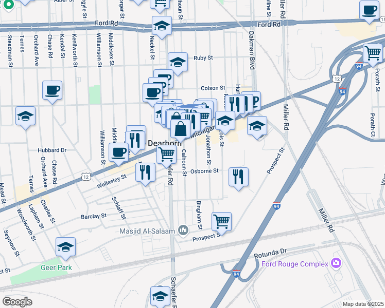 map of restaurants, bars, coffee shops, grocery stores, and more near 4430 Bingham Street in Dearborn