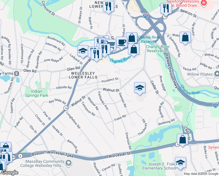 map of restaurants, bars, coffee shops, grocery stores, and more near 225 Walnut Street in Wellesley