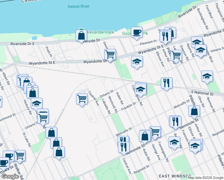 map of restaurants, bars, coffee shops, grocery stores, and more near in Windsor