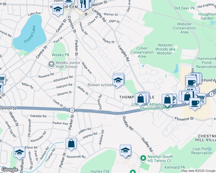 map of restaurants, bars, coffee shops, grocery stores, and more near 25 White Avenue in Newton
