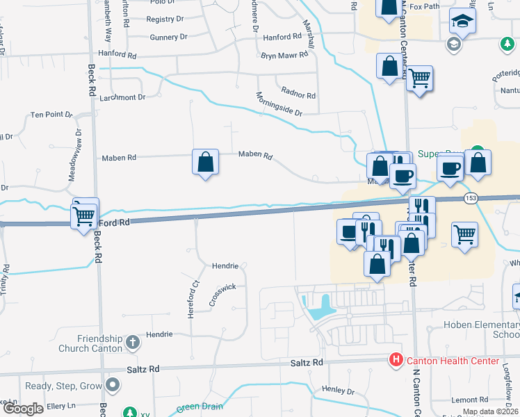 map of restaurants, bars, coffee shops, grocery stores, and more near 46311 Ford Road in Canton