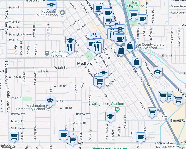 map of restaurants, bars, coffee shops, grocery stores, and more near 517 West 10th Street in Medford