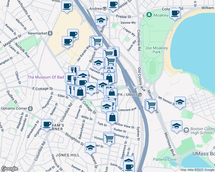map of restaurants, bars, coffee shops, grocery stores, and more near 886 Dorchester Avenue in Boston