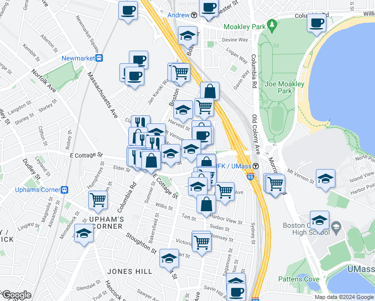 map of restaurants, bars, coffee shops, grocery stores, and more near 69 Roseclair Street in Boston