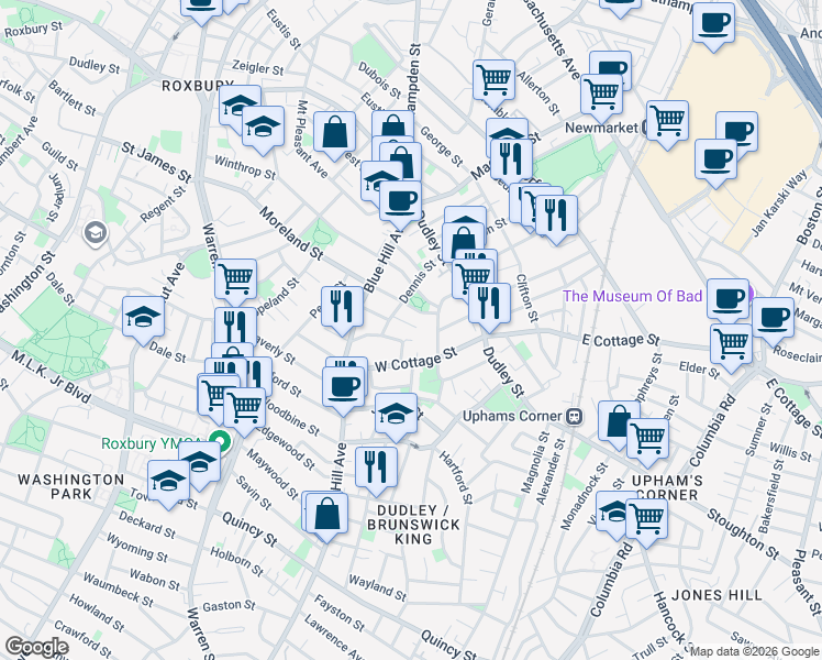 map of restaurants, bars, coffee shops, grocery stores, and more near 41 West Cottage Street in Boston