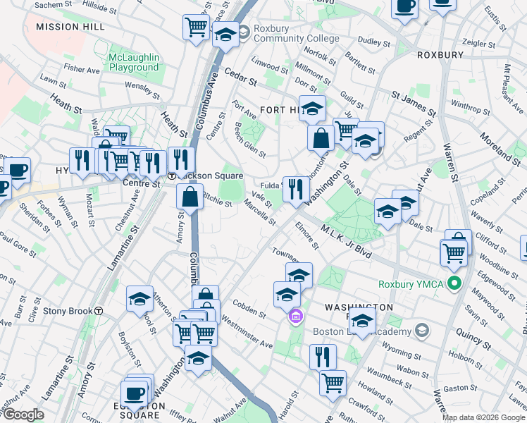 map of restaurants, bars, coffee shops, grocery stores, and more near 12 Marcella Street in Boston