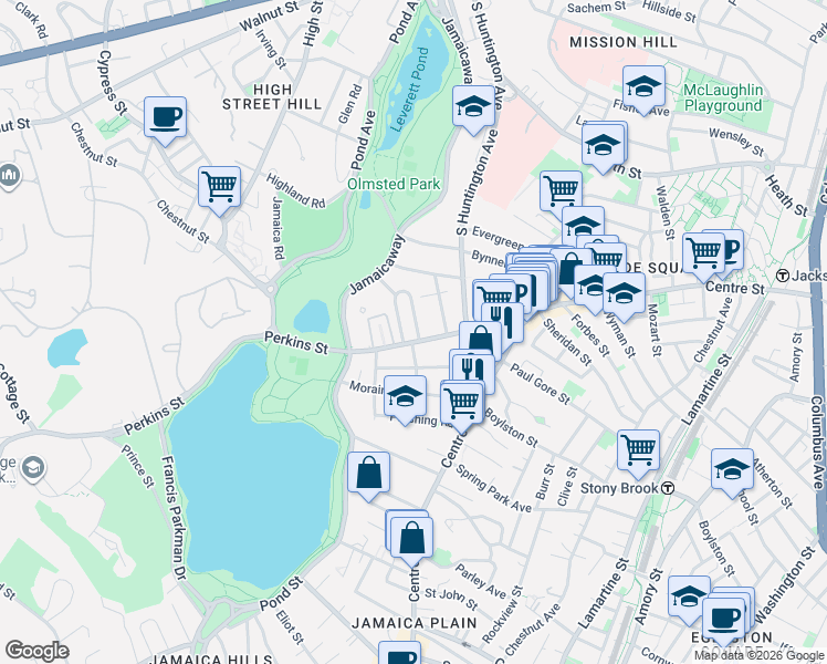 map of restaurants, bars, coffee shops, grocery stores, and more near 68 Perkins Street in Boston