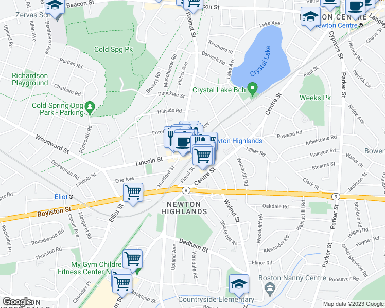 map of restaurants, bars, coffee shops, grocery stores, and more near 77 Floral Street in Newton