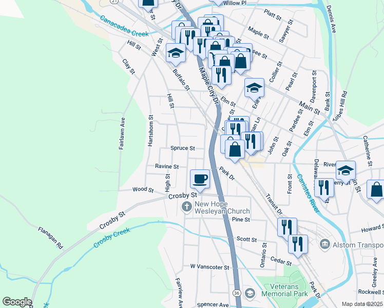 map of restaurants, bars, coffee shops, grocery stores, and more near 245 Canisteo Street in Hornell