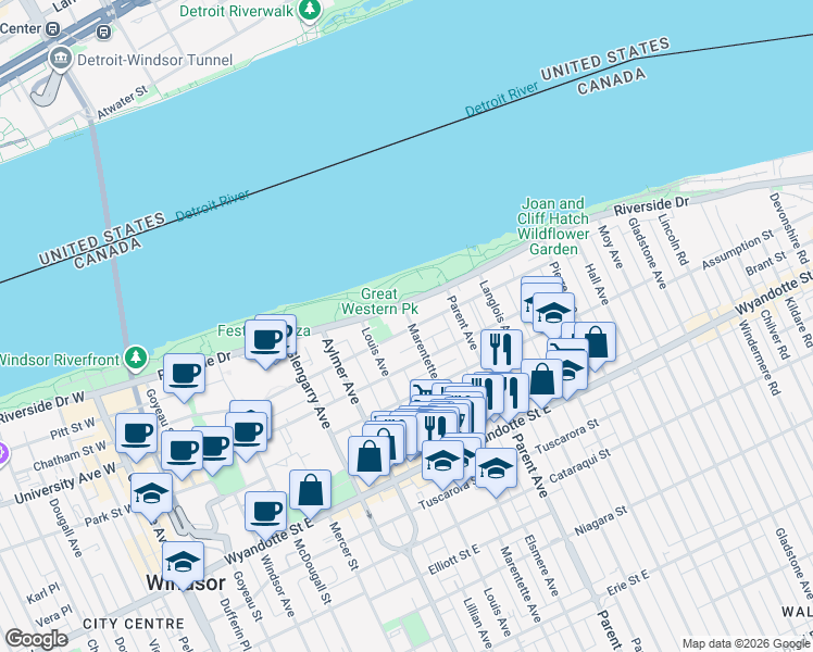 map of restaurants, bars, coffee shops, grocery stores, and more near 767 Chatham Street East in Windsor