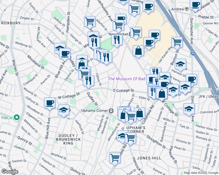 map of restaurants, bars, coffee shops, grocery stores, and more near 90-92 Robey Street in Boston