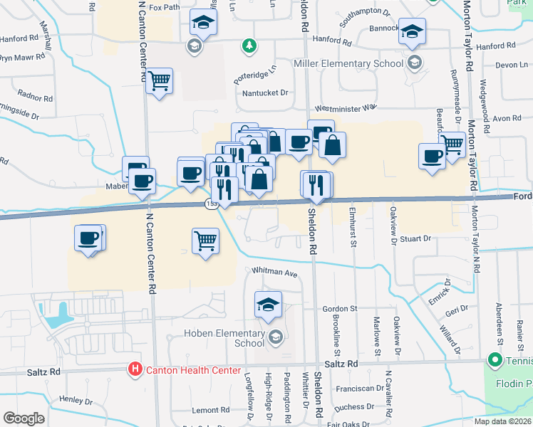 map of restaurants, bars, coffee shops, grocery stores, and more near 2057 West Franklin Drive in Canton