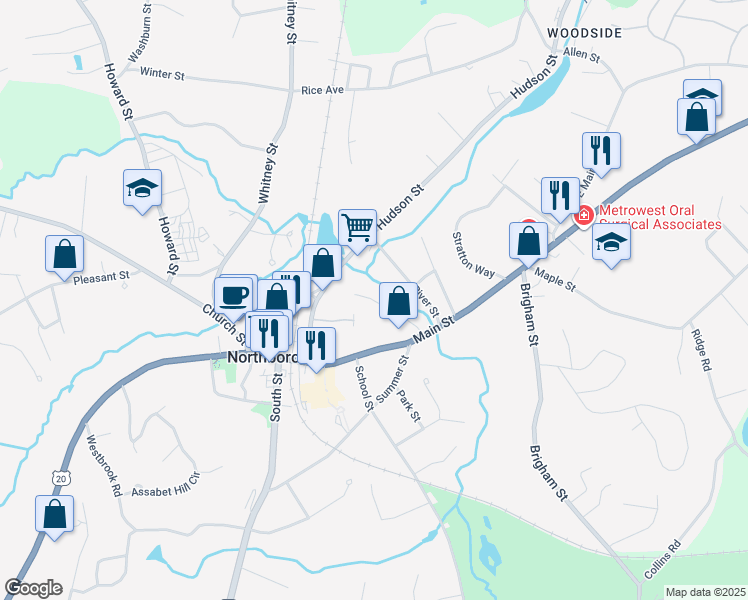 map of restaurants, bars, coffee shops, grocery stores, and more near 77 Main Street in Northborough