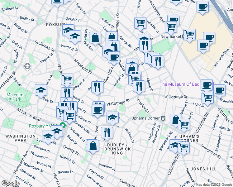 map of restaurants, bars, coffee shops, grocery stores, and more near 41 West Cottage Street in Boston