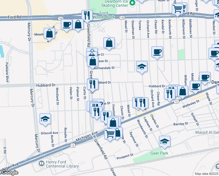 map of restaurants, bars, coffee shops, grocery stores, and more near 4766 Walwit Street in Dearborn
