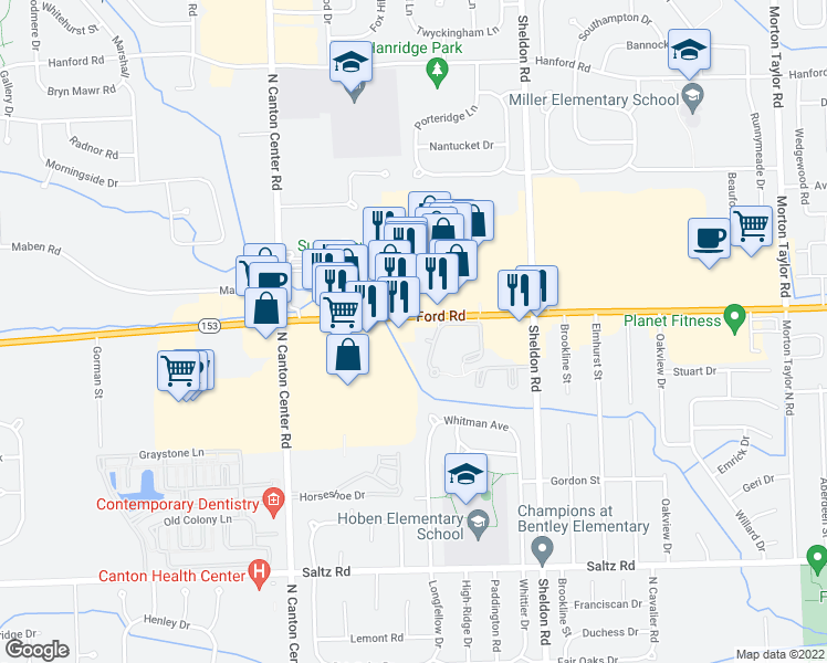 map of restaurants, bars, coffee shops, grocery stores, and more near 1997 Peerce Court in Canton
