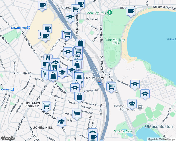 map of restaurants, bars, coffee shops, grocery stores, and more near 95 Mount Vernon Street in Boston