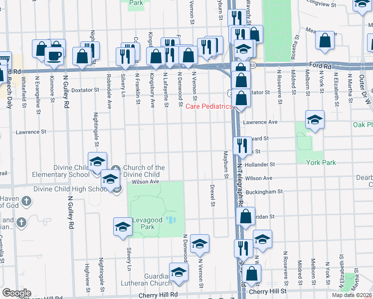 map of restaurants, bars, coffee shops, grocery stores, and more near 1328 North Denwood Street in Dearborn