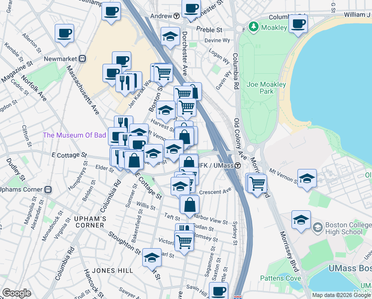 map of restaurants, bars, coffee shops, grocery stores, and more near Dorchester Ave & Mt Vernon St in Boston