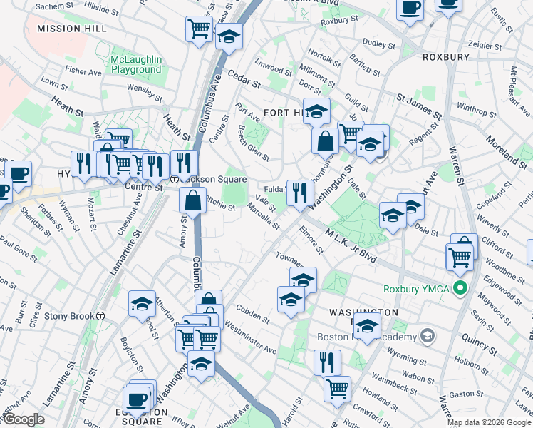 map of restaurants, bars, coffee shops, grocery stores, and more near 12 Marcella Street in Boston