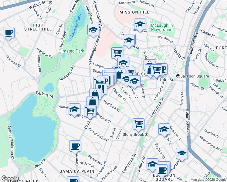 map of restaurants, bars, coffee shops, grocery stores, and more near 20 Cranston Street in Boston