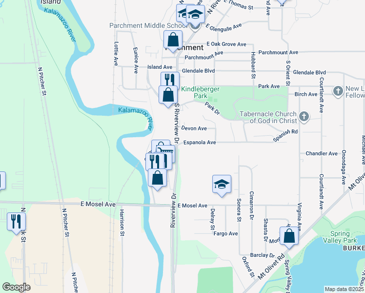 map of restaurants, bars, coffee shops, grocery stores, and more near 104 Espanola Avenue in Parchment