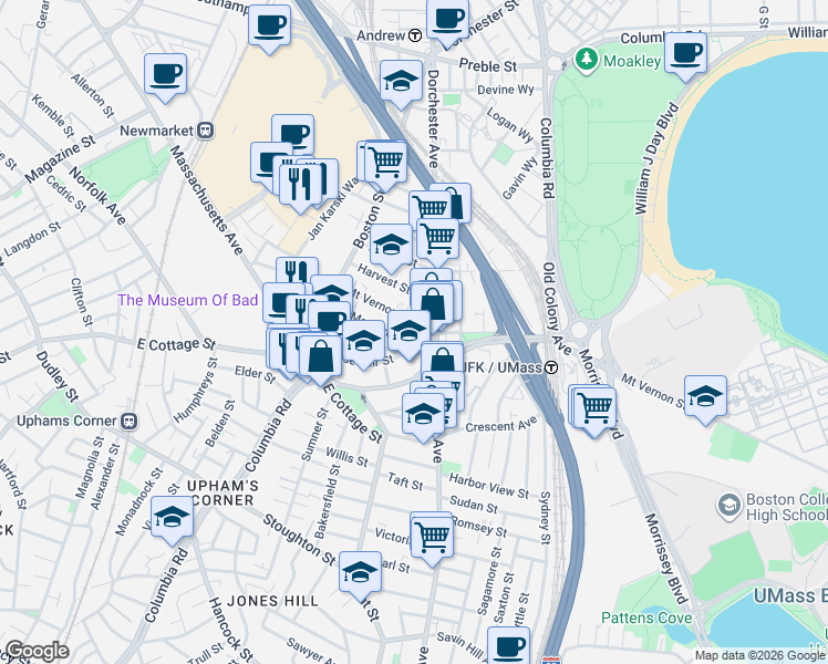 map of restaurants, bars, coffee shops, grocery stores, and more near 69 Roseclair Street in Boston