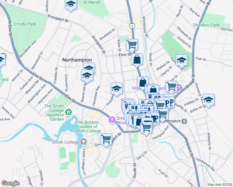 map of restaurants, bars, coffee shops, grocery stores, and more near 33 Prospect Street in Northampton