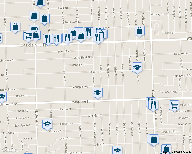 map of restaurants, bars, coffee shops, grocery stores, and more near 1525 Lathers Street in Garden City