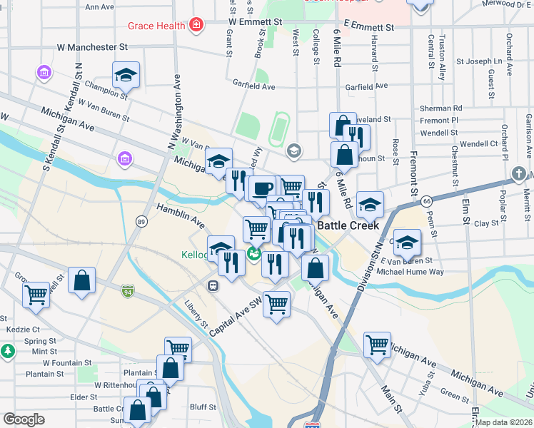 map of restaurants, bars, coffee shops, grocery stores, and more near 71 West Michigan Avenue in Battle Creek