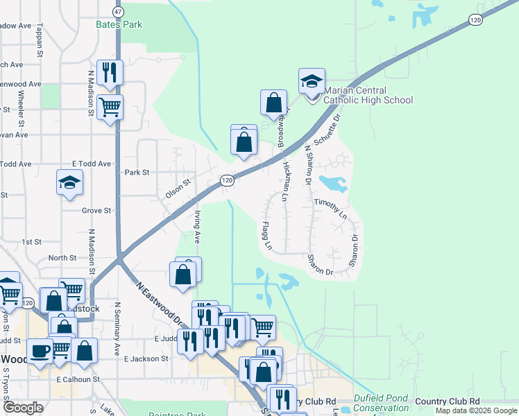 map of restaurants, bars, coffee shops, grocery stores, and more near 711 Flagg Lane in Woodstock