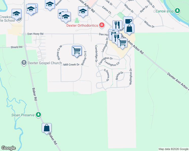 map of restaurants, bars, coffee shops, grocery stores, and more near 465 Preston Circle in Dexter