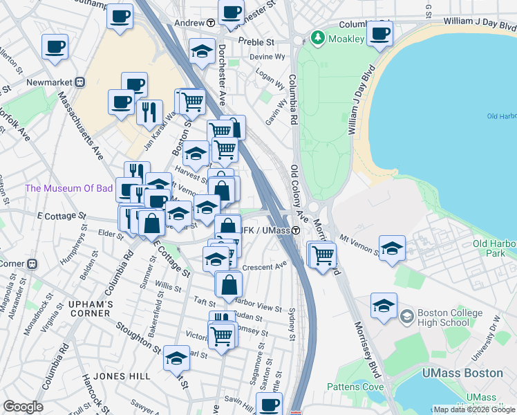 map of restaurants, bars, coffee shops, grocery stores, and more near 148 Mt Vernon St in Boston