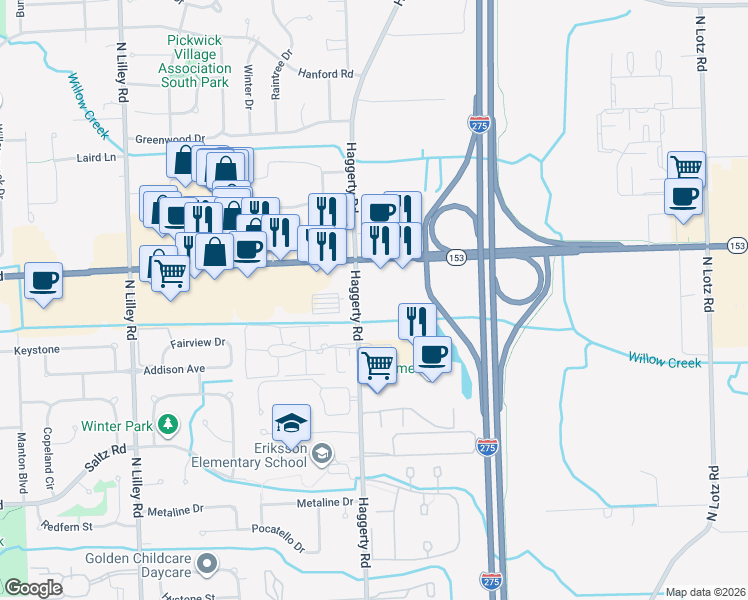 map of restaurants, bars, coffee shops, grocery stores, and more near 2100 North Haggerty Road in Canton