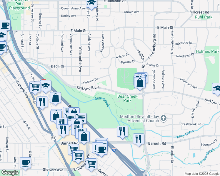 map of restaurants, bars, coffee shops, grocery stores, and more near 548 Eastwood Drive in Medford
