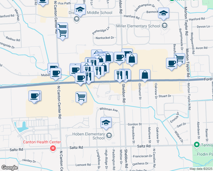 map of restaurants, bars, coffee shops, grocery stores, and more near 2025 East Franklin Drive in Canton