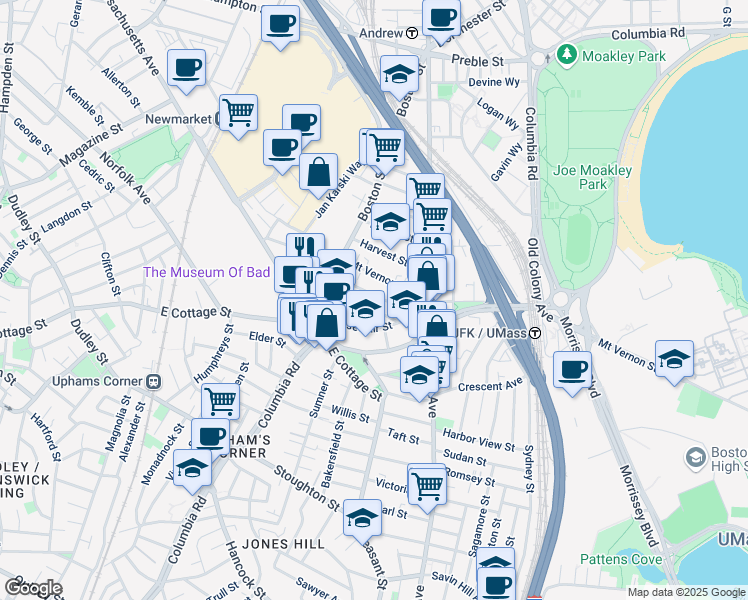 map of restaurants, bars, coffee shops, grocery stores, and more near 34 Roseclair Street in Boston