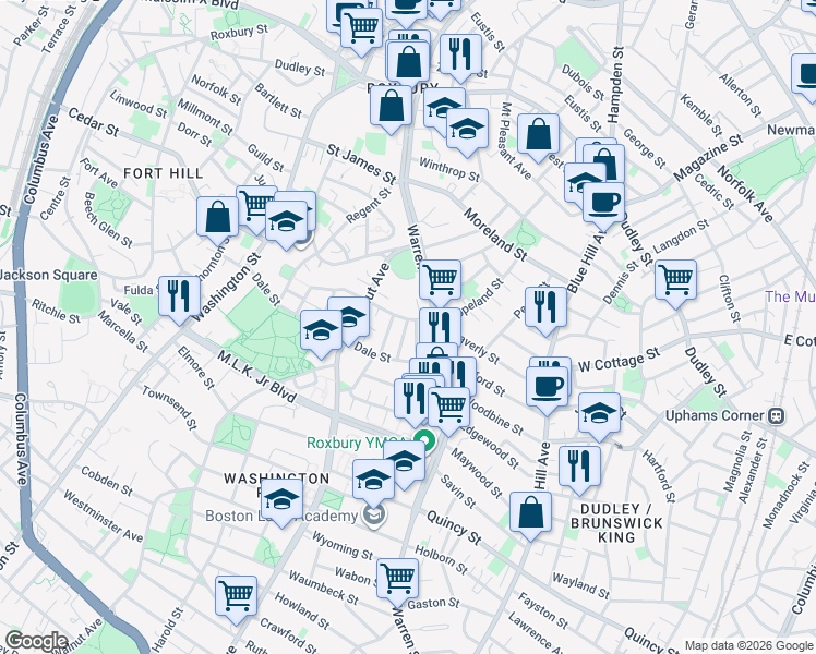 map of restaurants, bars, coffee shops, grocery stores, and more near 18 Mills Street in Boston