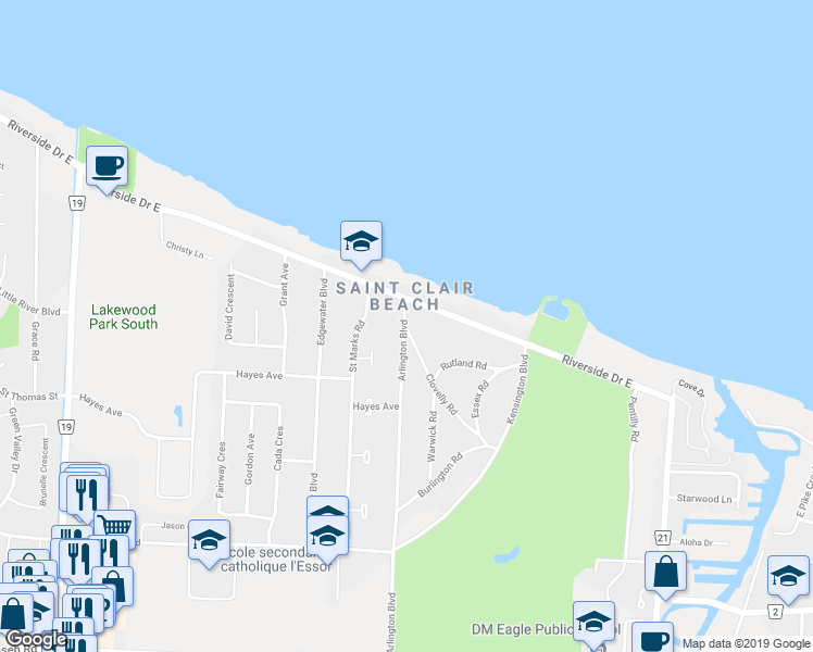map of restaurants, bars, coffee shops, grocery stores, and more near 112 Clovelly Road in Tecumseh