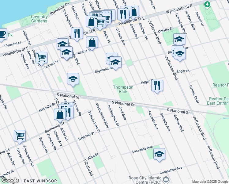 map of restaurants, bars, coffee shops, grocery stores, and more near 1124 Ford Boulevard in Windsor