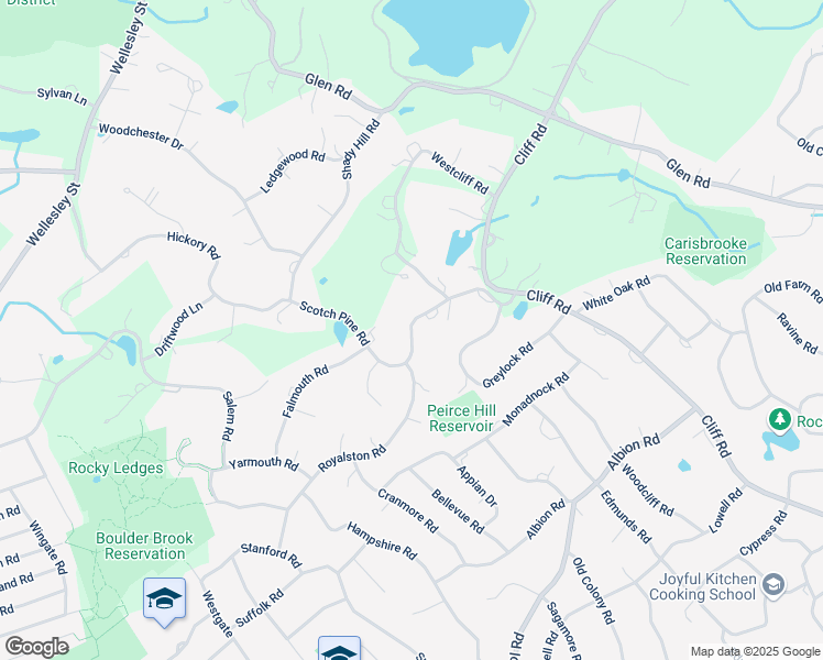 map of restaurants, bars, coffee shops, grocery stores, and more near Scotch Pine Road in Weston