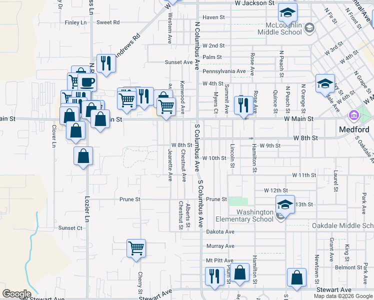 map of restaurants, bars, coffee shops, grocery stores, and more near 128 South Columbus Avenue in Medford