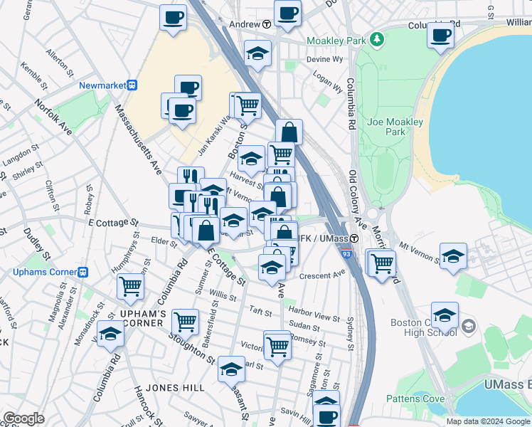 map of restaurants, bars, coffee shops, grocery stores, and more near 69 Roseclair Street in Boston
