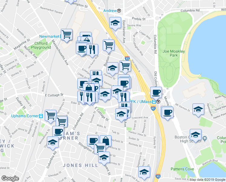 map of restaurants, bars, coffee shops, grocery stores, and more near 69 Roseclair Street in Boston