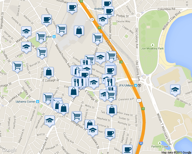 map of restaurants, bars, coffee shops, grocery stores, and more near 34 Roseclair Street in Boston