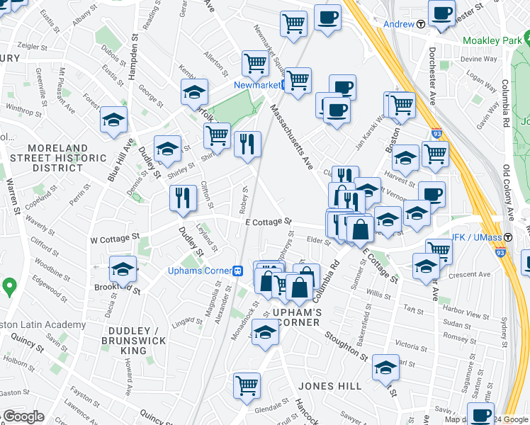 map of restaurants, bars, coffee shops, grocery stores, and more near 81 East Cottage Street in Boston