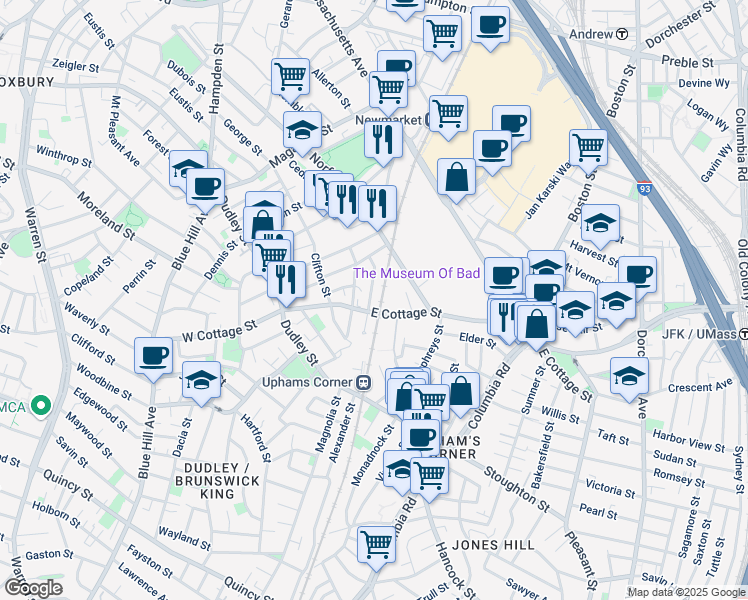 map of restaurants, bars, coffee shops, grocery stores, and more near 90-92 Robey Street in Boston
