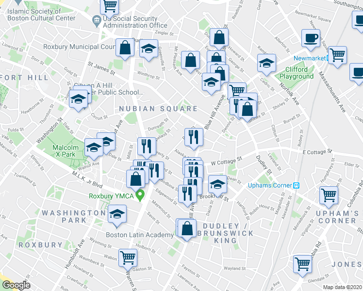 map of restaurants, bars, coffee shops, grocery stores, and more near 19 Alaska Street in Boston